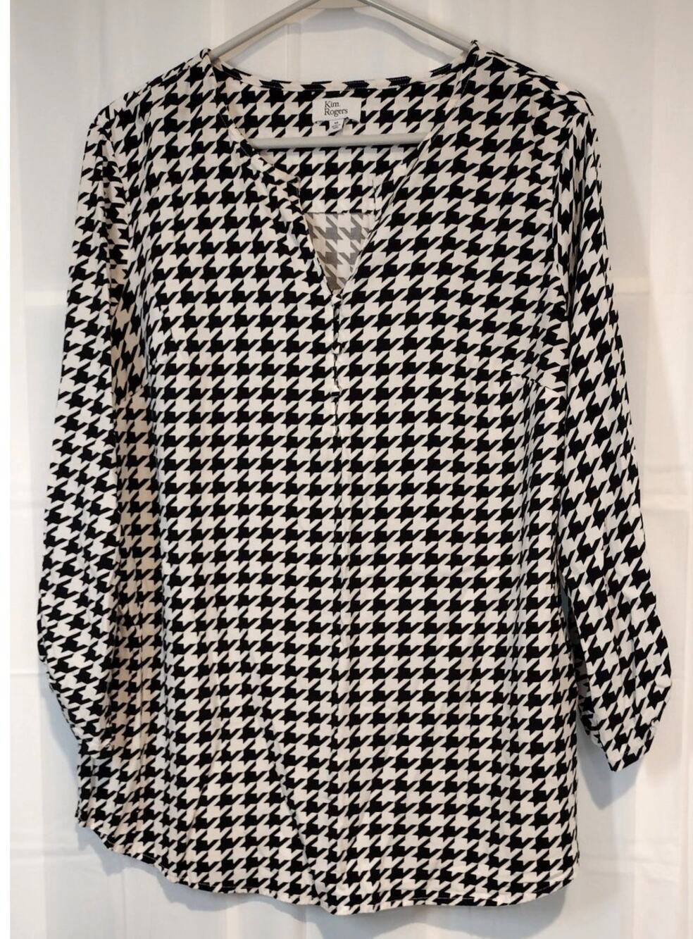 Kim Rogers Medium Black White Chevron Blouse Tunic Long Tab Sleeve Relaxed